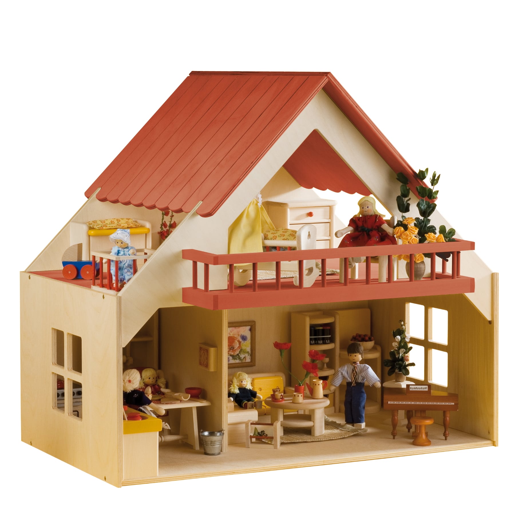 Haus mit Balkon, Dach rot